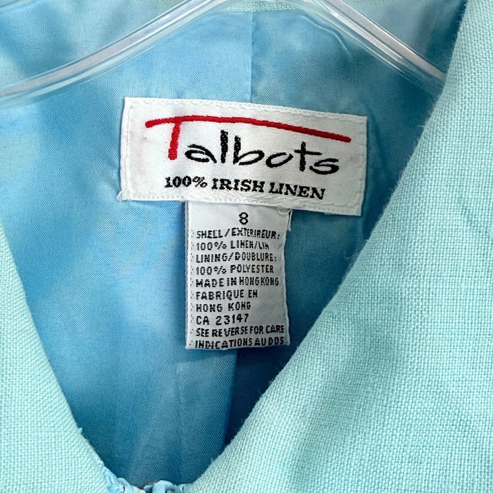 Talbots Vintage 100% Irish Linen‎ 2 Piece Pant Suit Light Blue Zip Jacket Size 8
